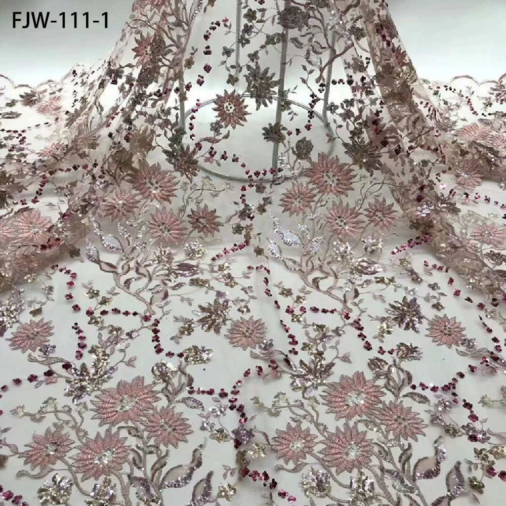 

Latest French Nigerian Laces Fabrics High Quality Embroidered Tulle African Laces Fabric with Sequins for Wedding FJW-111