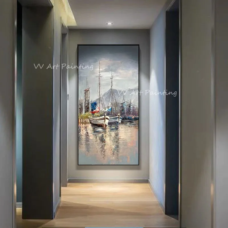 

Скандинавская ручная роспись по океану лодка синий холст картины маслом на холсте Абстрактная новая картина лучший Настенный декор в подарок без рамки