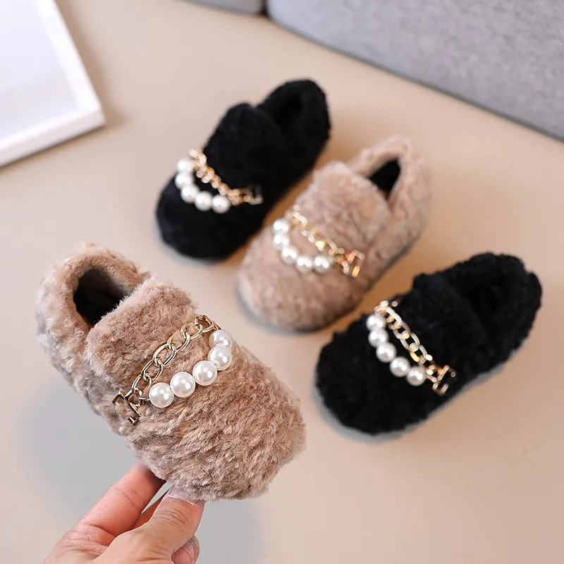 

Детские туфли без шнуровки, меховые лоферы с кудрявым мехом, металлическая оправа, жемчуг, симпатичные, черные, коричневые, теплые пушистые, ...