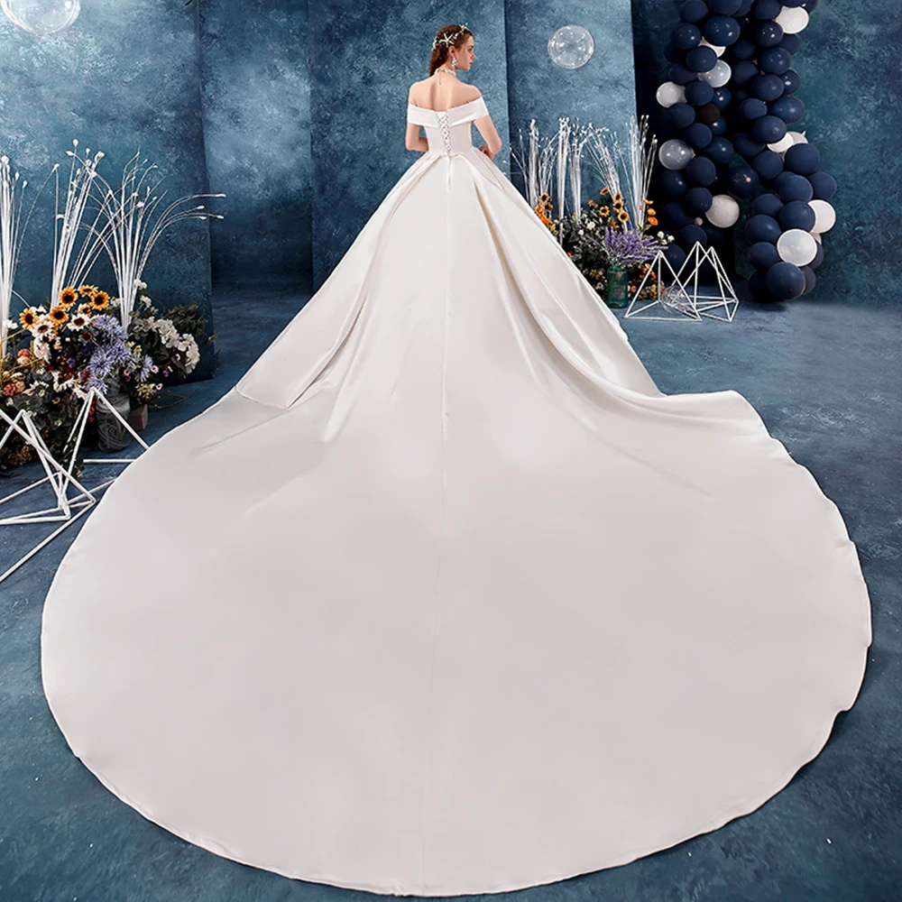 Vestido de Noiva, лучшее Атласное Бальное Платье, Свадебное платье,, с вуалью, простое платье, Роскошные свадебные платья, 1,5 м, изображение поезда