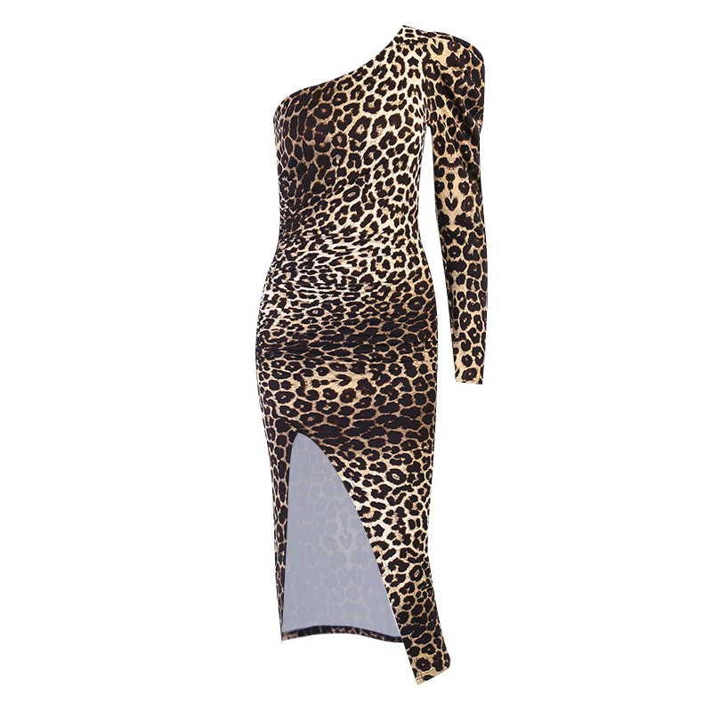 

Beyouare Women's Leopard Sexy Dress Slash Neck Puff Sleeve Side Split Knee-Length Dresses 2021 Autumn Skinny Fashion Streetwear