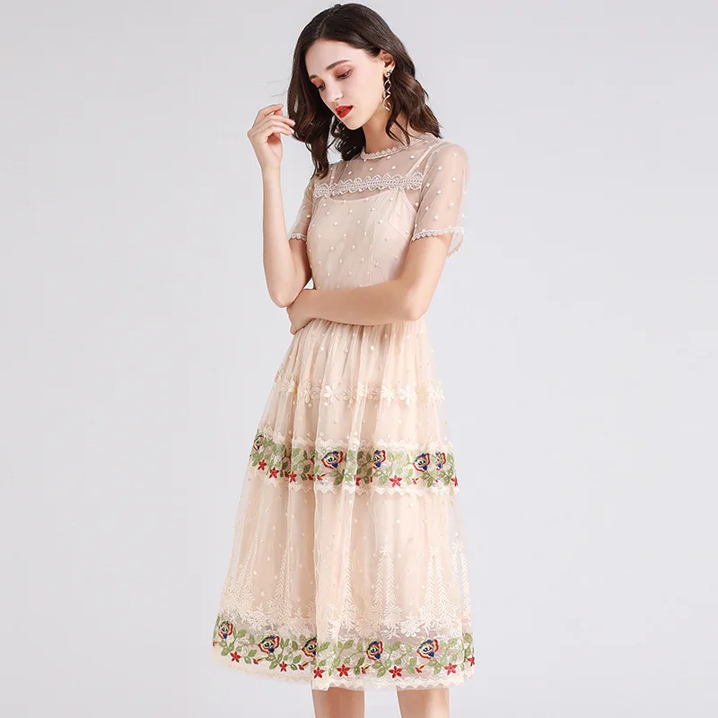 

Embroidered Flower Tulle Skirt New Summer Women's Clothes round Neck Short Sleeves and Dots Waist a Hem Mid-Length Dress