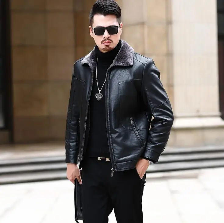 mens leather jacket middle aged motorcycle short coat men casual jackets velvet thicken clothes jaqueta de couro fashion