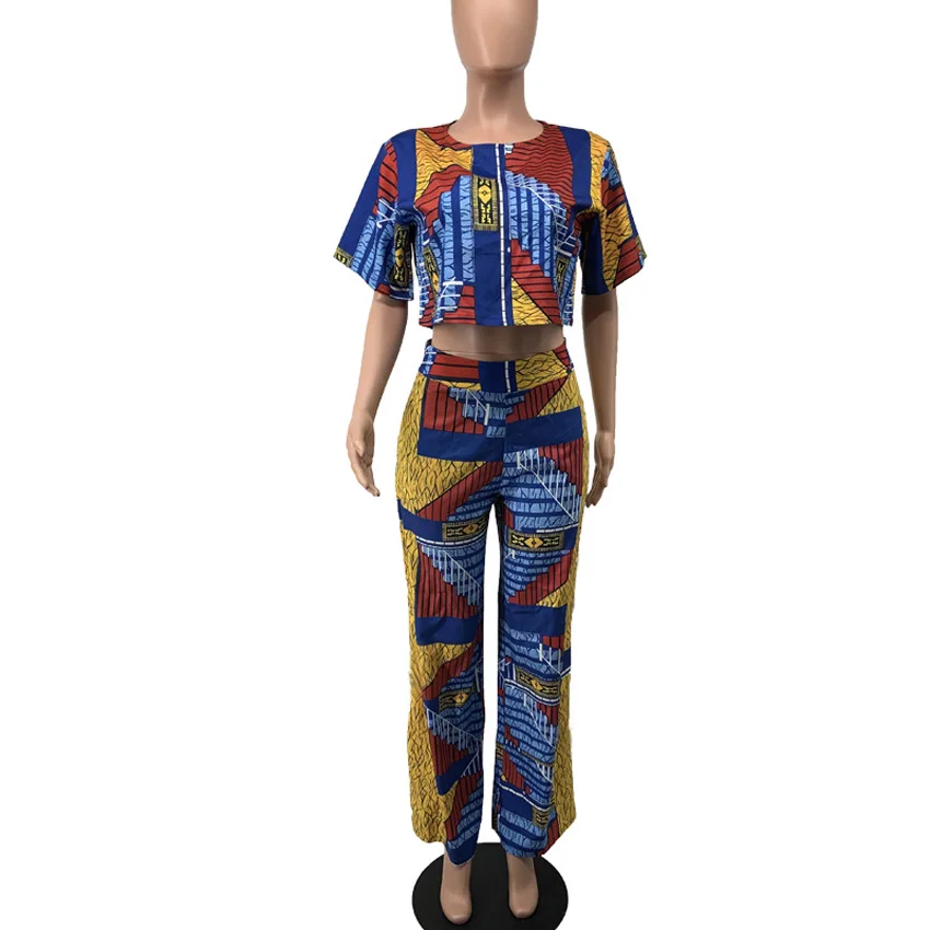 

2Pcs African Clothes for Women Summer Sexy Africa Fashion Geometric Print Top Pants Sets Trousers Casual Ethnic Suit Plus Size