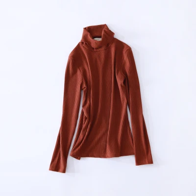 turtleneck orange Новые тонкие женские трикотажные футболки с длинным рукавом и круглым вырезом, однотонные обтягивающие повседневные топы, зимние вязаные топы с высоким воротом - Цвет: turtleneck orange