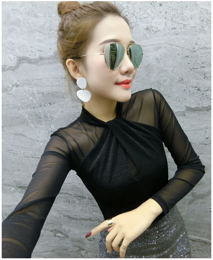 Chemisier Femme, новинка, сетчатая однотонная женская блузка с длинным рукавом, топы, повседневная приталенная рубашка с круглым вырезом, женская одежда, осень 7300 50