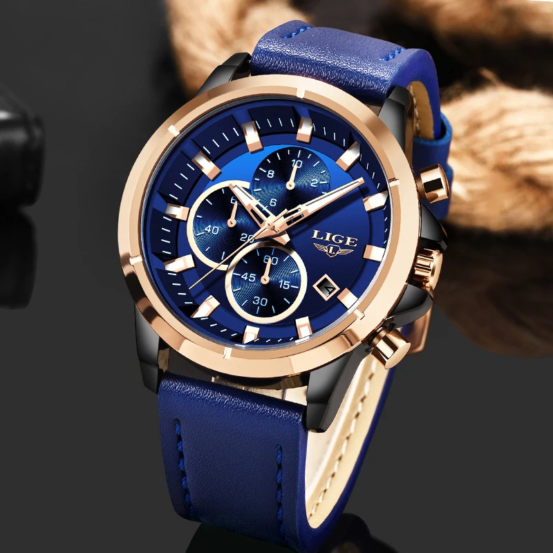 Фото LIGE мужские s часы лучший бренд 2019 модные синие кожаные Роскошные Кварцевые