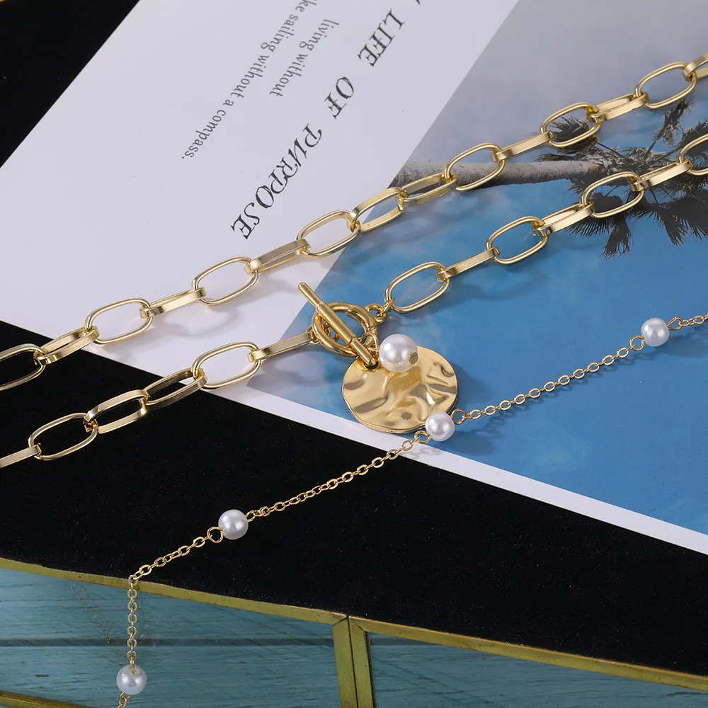 

Gothic Baroque Pearl Coin Pendant Choker Necklace for Women Wedding Punk Bead Lariat Gold Color Long Chain Necklace Jewelry Gift