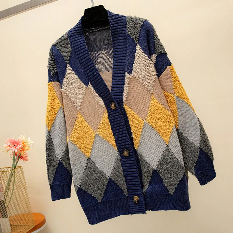 Navy Blue Женские свитера, Осенний вязаный кардиган, Модный повседневный клетчатый женский кардиган с v-образным вырезом, однобортный свободный женский кардиган с пышными рукавами - Цвет: Navy Blue