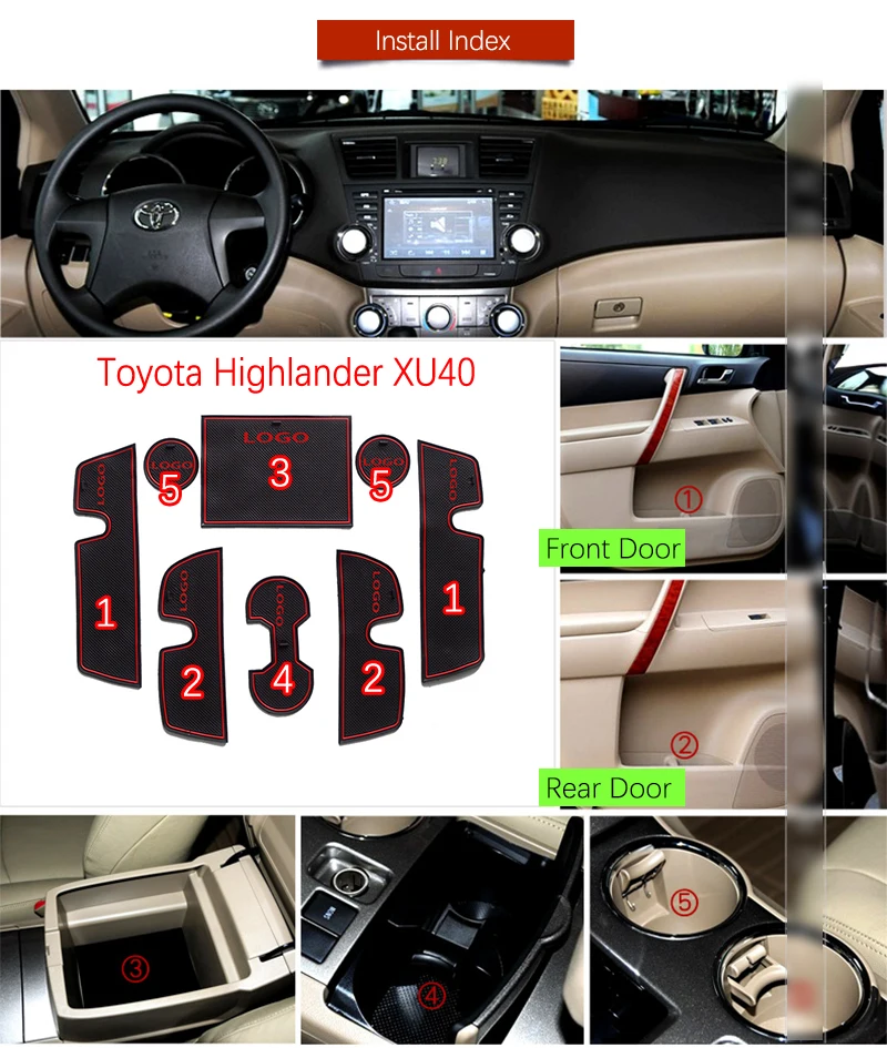 

for Toyota Highlander XU40 Anti-Slip Rubber Mats Cup Cushion Door Groove Mat Accessories Kluger 40 2008 - 2013 Anti-dirty pad