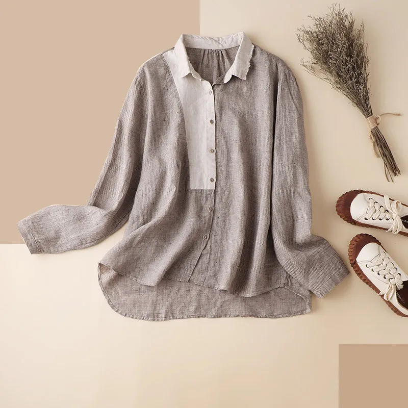 

Linen Patchwork Ladies Tops Women's Long Sleeve Tops Blouse Women Turn-down Collar Vintage Women 2020 Fashion Clothes