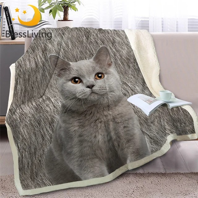 BlessLiving British Shorthair Cat Throw Blanket on Bed 3D Animal Plush Sherpa Blanket Siamese Bedspreads Gray Cat Fur Thin Quilt 1