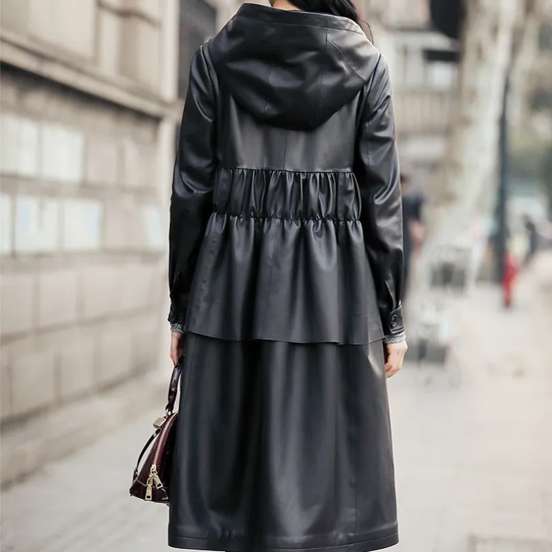 

New leather Designer Real sheepskin coat loose hat long sleeve coat