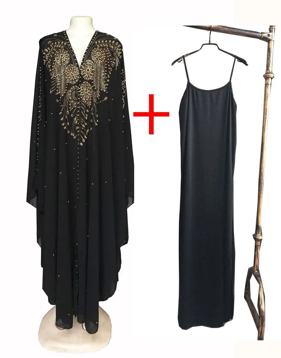 black Two pieces-2 Супер размер, стиль, африканская Женская Дашики, модная, с бусинами, удлиненная накидка с капюшоном, длинное платье 837 - Цвет: black Two pieces-2