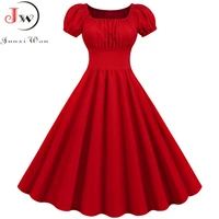 women vintage dress robe femme summer puff sleeve square collar solid red color elegant party plus size casual office midi dress