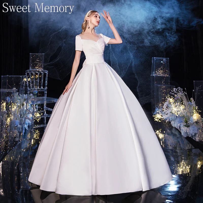 

Sweet Memory Woman Bride Satin Dress 2021 Short Sleeve Wedding Dress With Train Princess Plus Size Vestido De Noiva Robe Fille