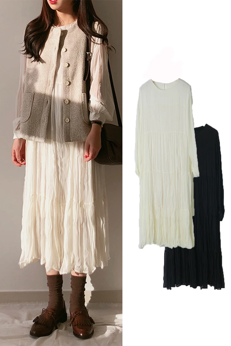 Плиссированное шифоновое платье Dreamy цельнокроеное длинное весеннее однотонное