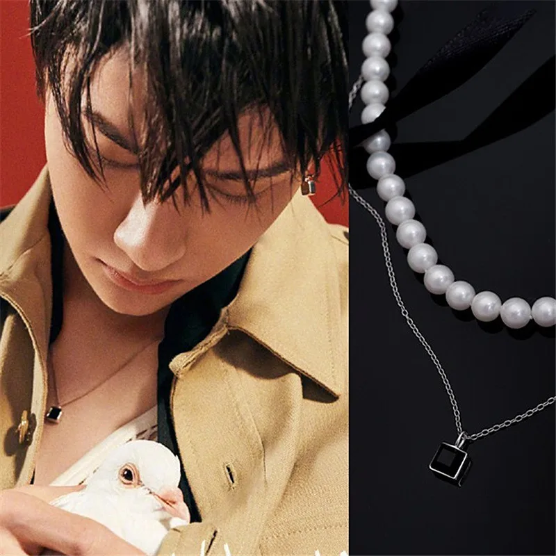 

Double Layered Necklace New Wang Yibo Same Style Men And Women Ins Hip Hop Necklace Black Square Clavicle Chain