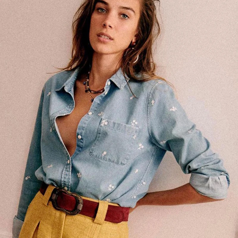 

Ruelen Graphic Printing Embroidery Women Denim Blouse Turndown Collar Long Sleeve Cotton Lady Shirt Casual Classic Femme Top