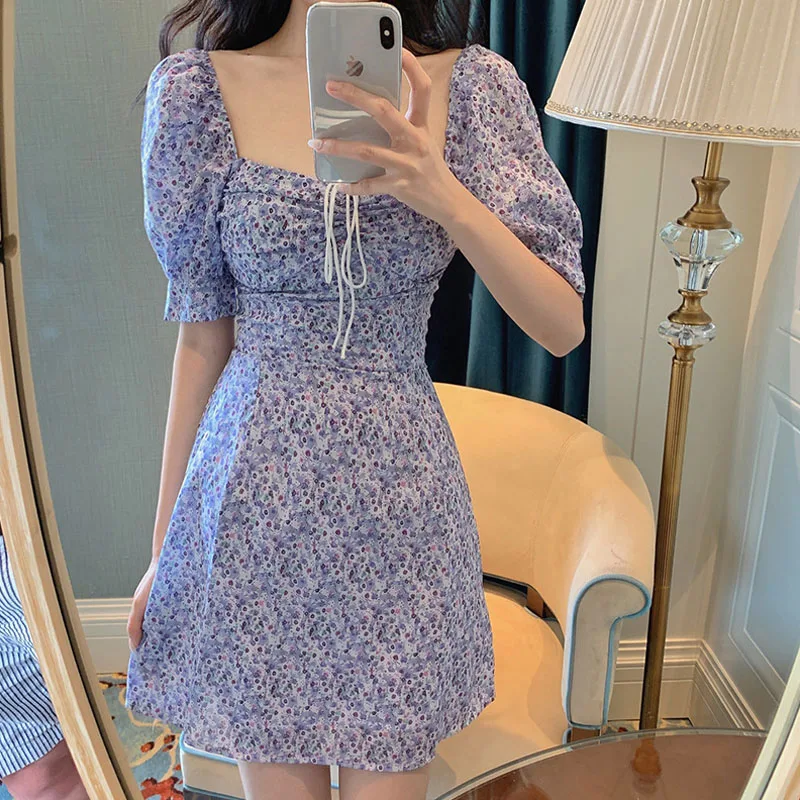 

2021 Sexy Puff Sleeve Vintage Dress Fashion Causal Floral Printed Bodycon Mini Dress Women Clothes Summer Elegant Party Dresses