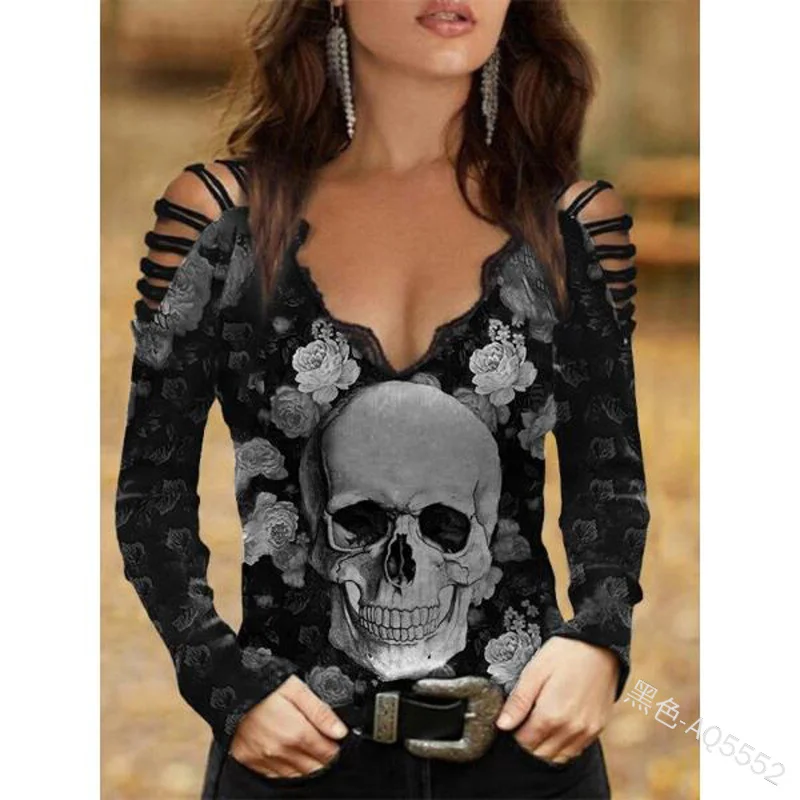 

Sexy Blouse Women V-neck Long Sleeve Skull Print Shirt Tops Casual Autumn Hollow Out Shoulder Fashion Ladies Top fashion S-5XL