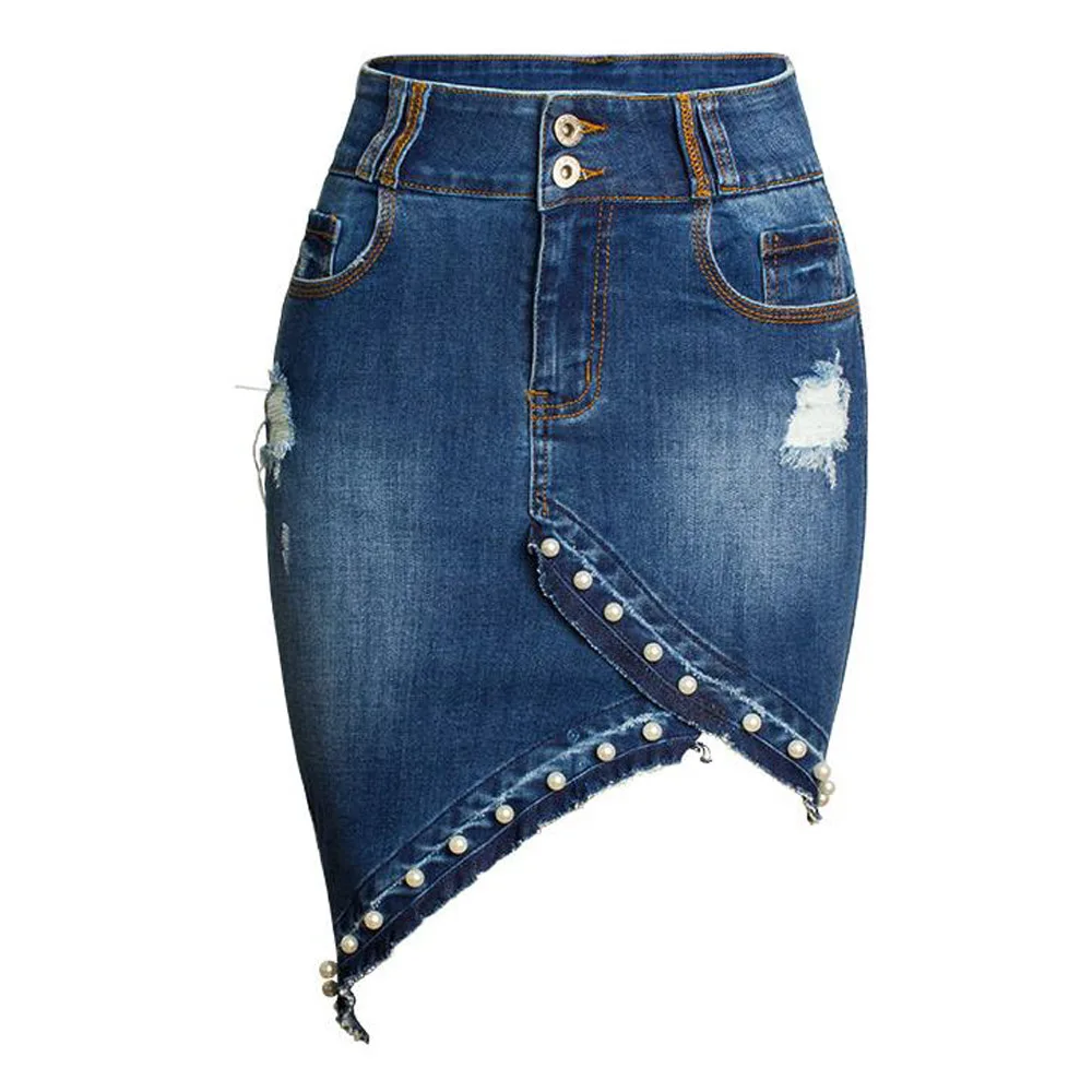 Фото Женская джинсовая юбка с завышенной талией эластичные рваные джинсовые юбки