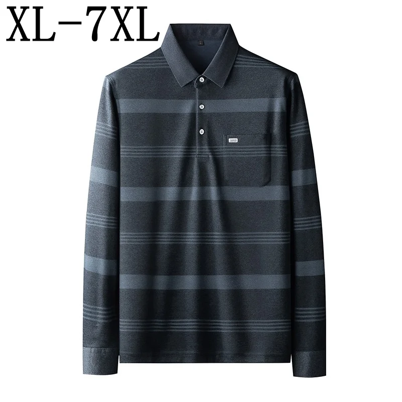 

Новинка 2021, осенняя Повседневная полосатая рубашка-поло 7xl, 6xl, 5xl, Мужская модная рубашка-поло с длинным рукавом, мужская Свободная рубашка-п...