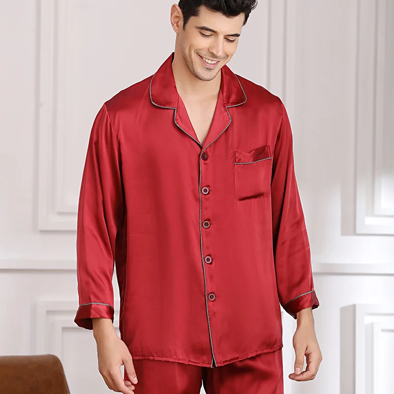 M8808 New Fashion Men's Spring and Summer 100% Silk Long Sleeve Two-piece Home Clothes PAJAMA Suit