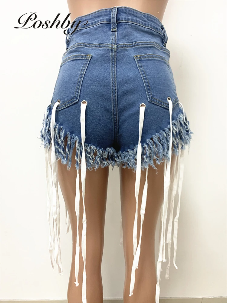 

Poshby Casual Denim Shorts Jeans Line Tassel Short Pants For Women Summer Cotton Strench Outwear High Street Outfits Plus Size