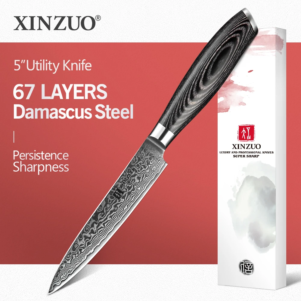 

XINZUO 5"inch Utility Knife 67 Layers Japan Handmade Damascus Steel Kitchen Knives Forged Steel Cuterly Knife Pakka Wood Handle