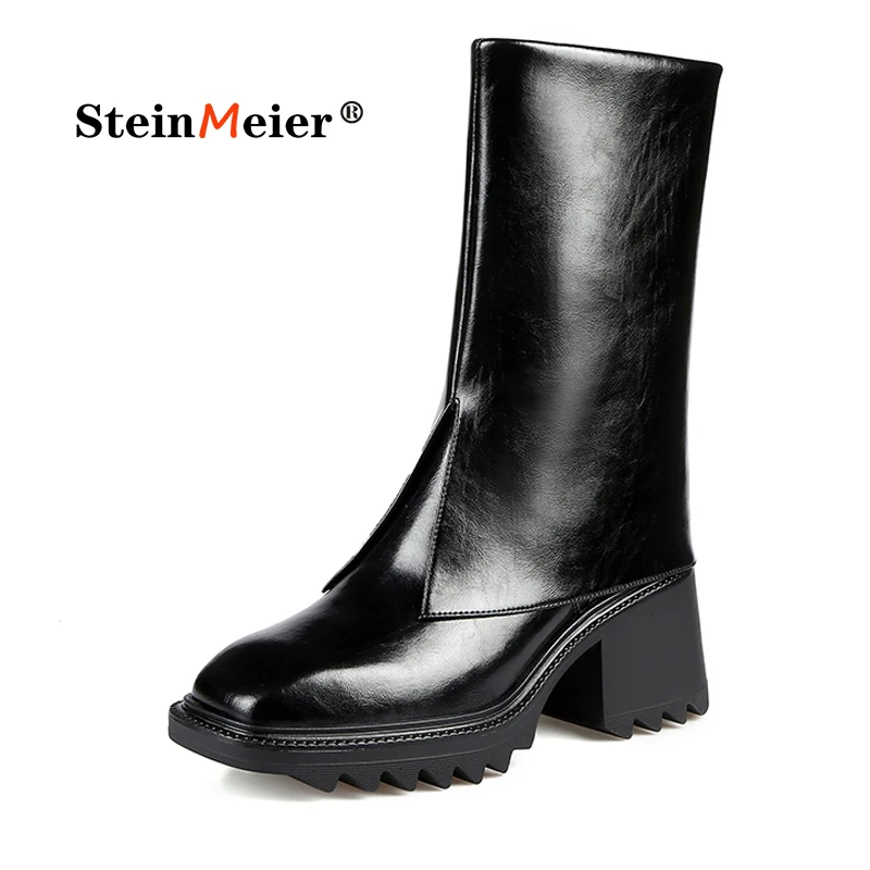 

Ankle Boots Women Genuine Cow Leather Retro Black Zipper Fashion Lady Motorcycle Shoes Thick Sole Handmade Cover Winter Shoes