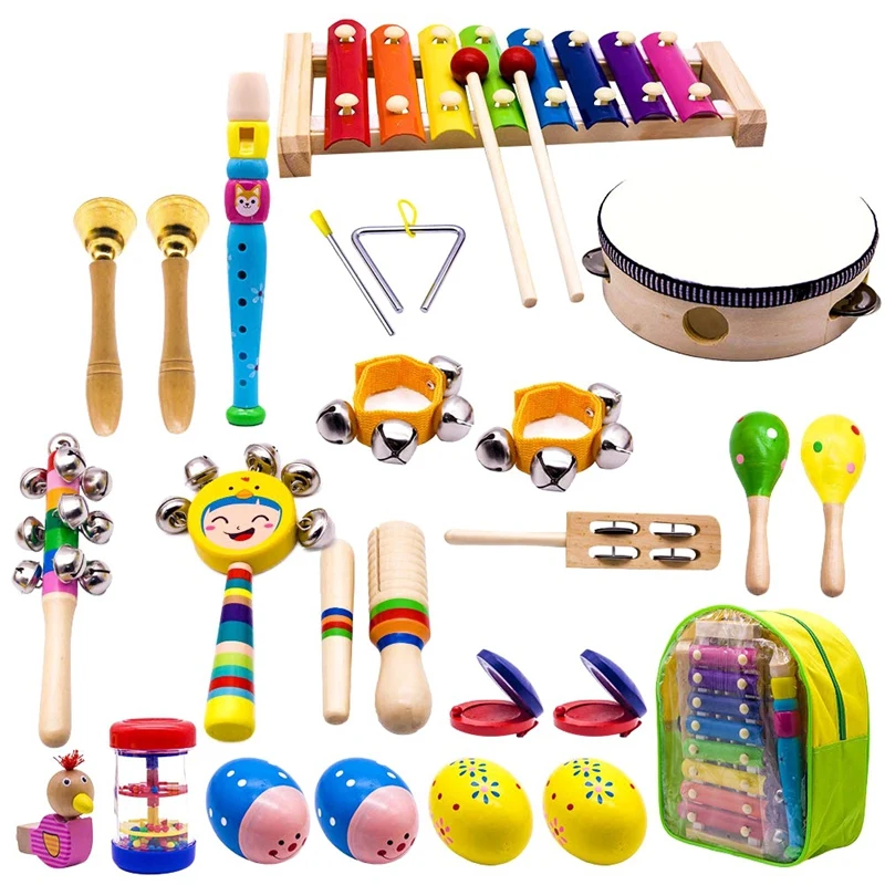 Instrumentos musicales para niños, juguetes de xilófono de percusión de madera para niños y niñas, educación preescolar con respaldo de almacenamiento, 15 tipos, 23 Uds.