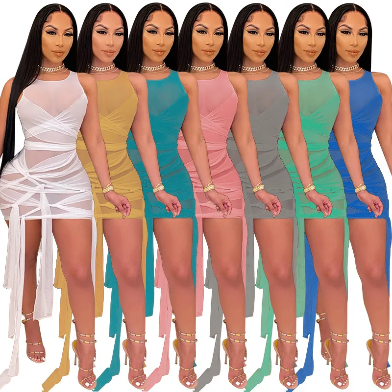 

Mesh Dresses for Women See Through Sexy Club Dress Summer Sleeveless Bodycon Mini Dress Bandage 2021 Plus Size Clothing 5XL