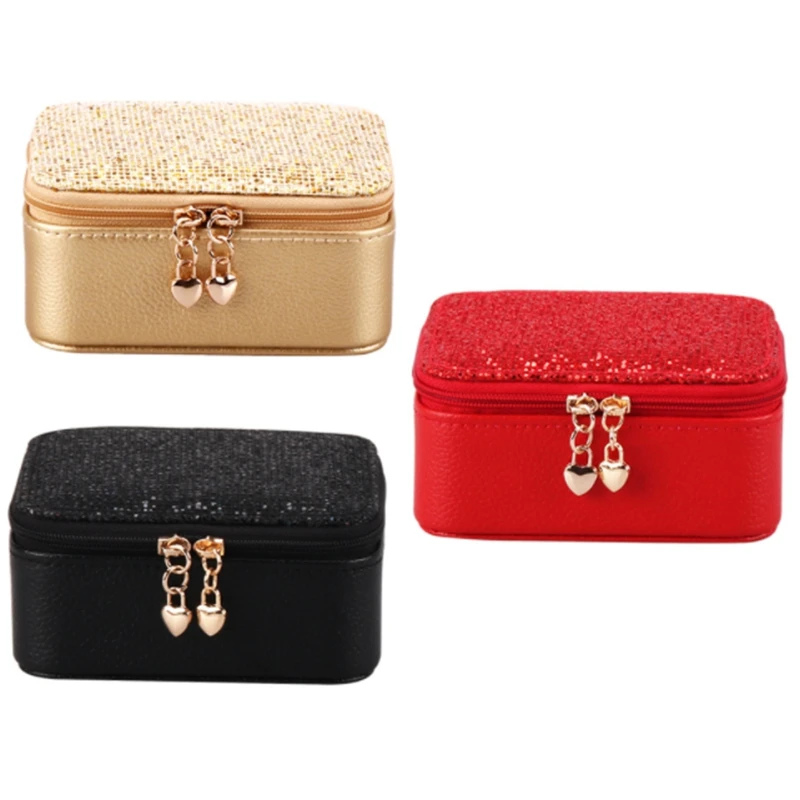 

Zipper Closure Ring Storage Jewelry Box Mini Earrings Organizers PU Leather Portable Travel Multi Compartment