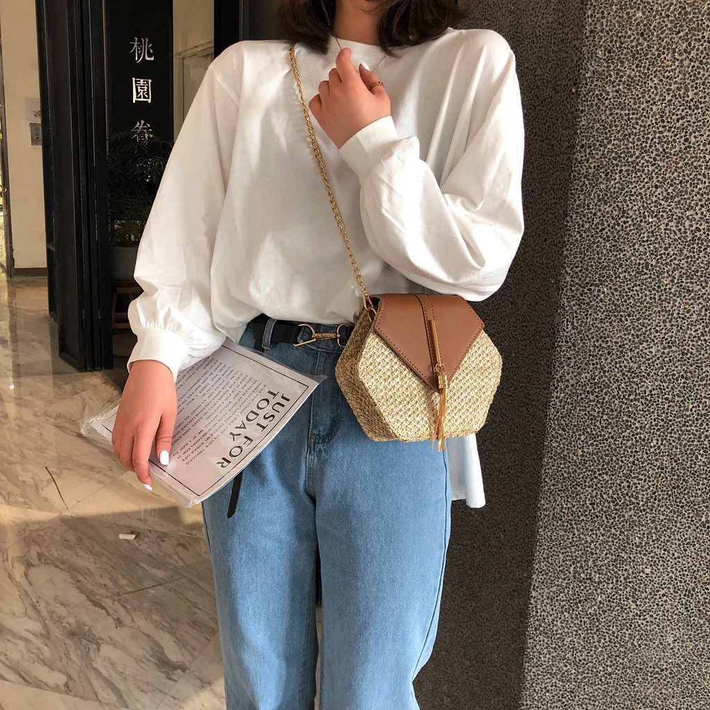 

Hexagon Mulit Style Straw+leather Handbag Women Summer Rattan Bag Handmade Woven Beach Circle Bohemia Shoulder Bag New Fashion