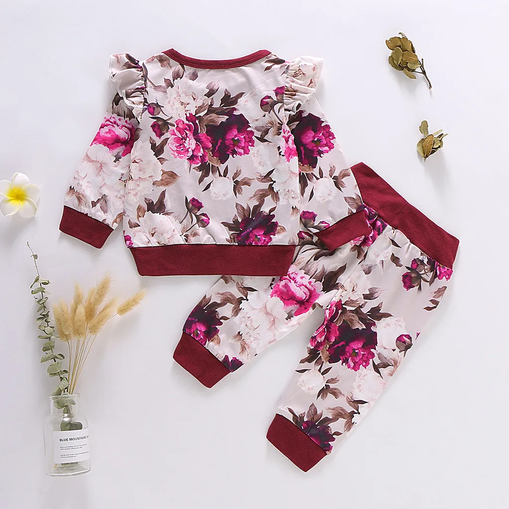 Одежда для девочек футболка с длинными рукавами и цветочным принтом оборками топ