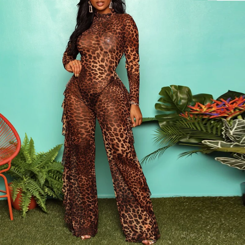 Леопардовый комбинезон сексуальный с широкими штанинами эластичный тонкий