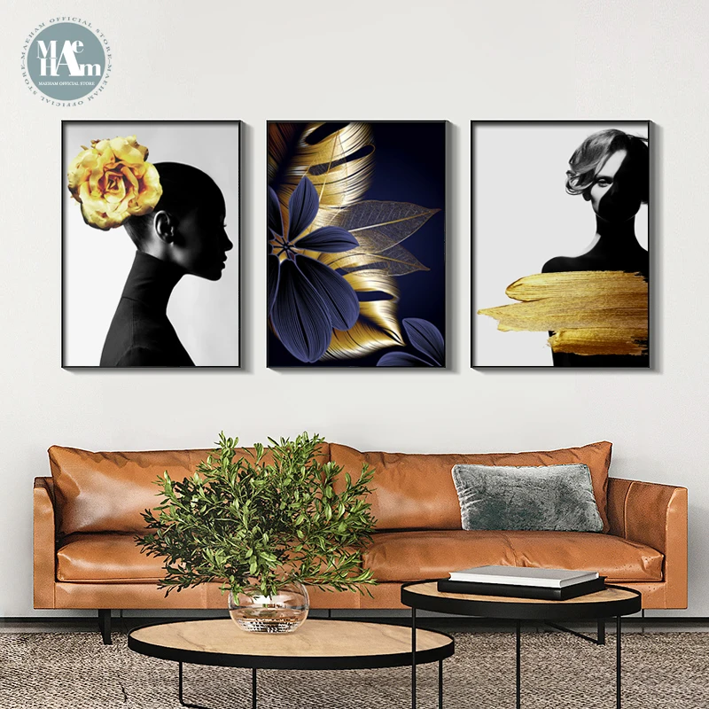 Фигурки листьев фиолетового и золотого растений холст плакат современный