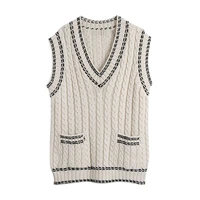 women 2021 fashion with stitching knit vest sweater vintage v neck sleeveless loose pockets knitted female pullovers chic tops