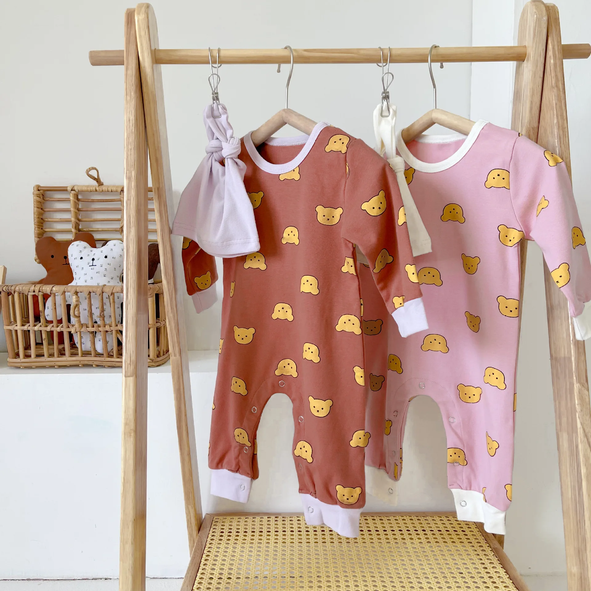 2021 Autumn New Cute Bear Print Baby Romper Boys And Girls Long Sleeve Jumpsuit + Hat Cotton Cartoon Toddler Clothes 6M-3T