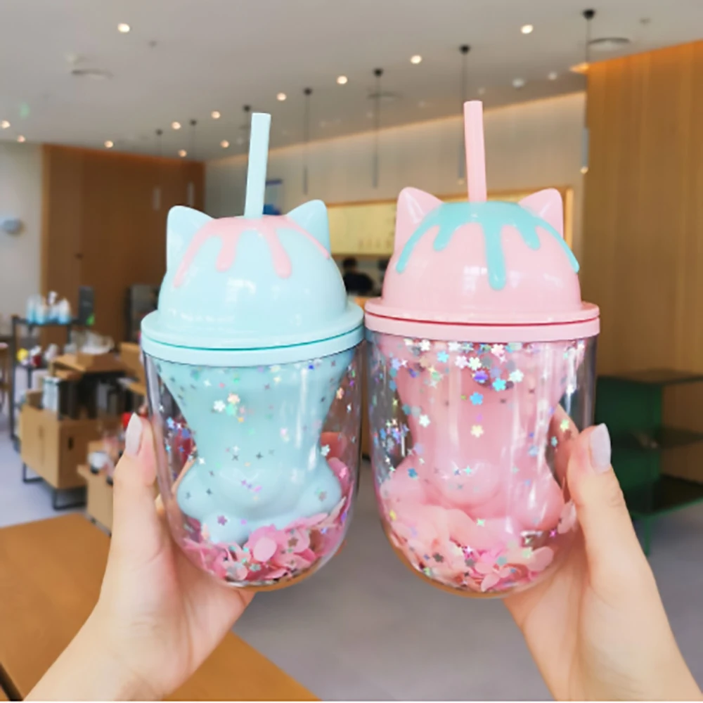 

Water Bottle ins Cute Cartoon Cat's Paw Plastic Cup Photo Creative Modeling Coffee Juice Cup Gift Summer Drink Bottle with Straw