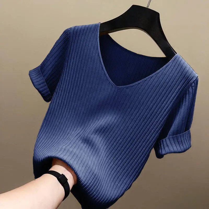 Женский вязаный свитер с V-образным вырезом коротким рукавом | Женская одежда