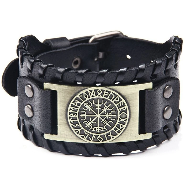 

Toten Design Nordic Viking Odin Compass Bracelet Men's Hand-Woven Wide Leather Wristband Adjustable Bracelet Punk Jewelry