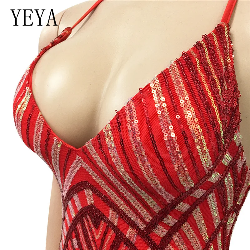 

YEYA Deep V Neck Sexy Sequin Dress Women Nightclub Bandage Open Back Pencil Dress Spaghetti Strap Party Mini Spliced Vestidos
