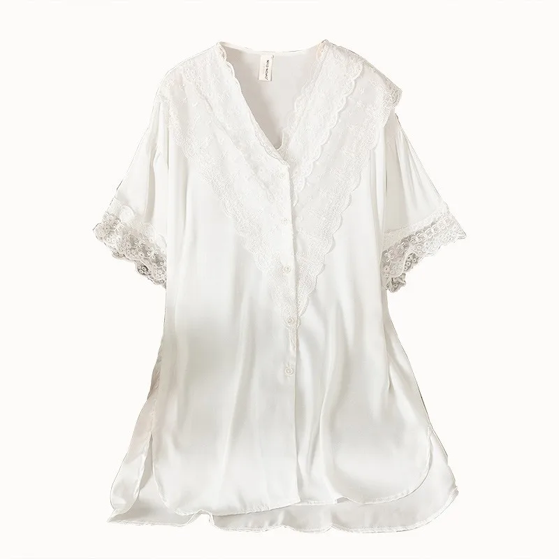 

Lace Nightgown Women Kimono Summer Dressing Gown Satin Sleep Dress Oversize Nightdress With Bow V-Neck Intimate Lingerie