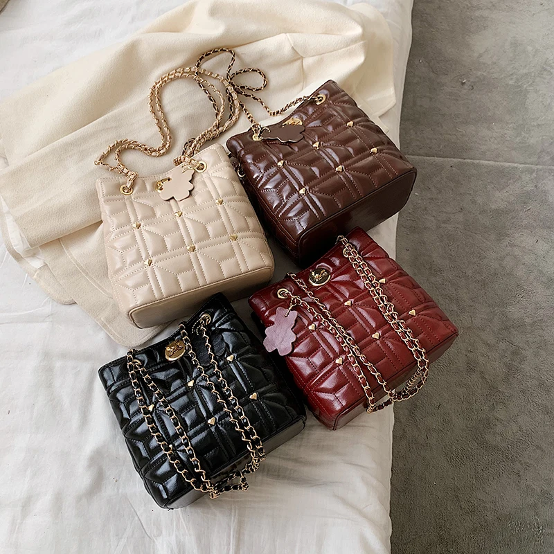 Vintage Ladies Soft Leather Chains Bucket Bags Plaid Rivet Handbag And Purse Women Fashion Simple Large Capacity Shoulder | Багаж и сумки