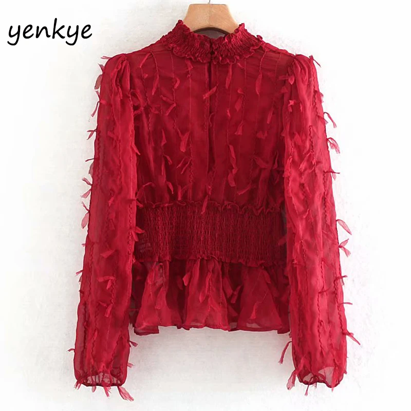 Женская красная блуза с бахромой и высоким воротником длинным рукавом модные