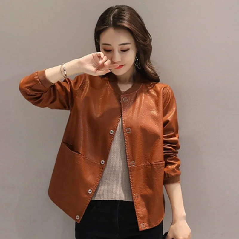 

2021 Spring New Loose Pu Leather Jacket Black Red Caramel Brown Color Female Coat