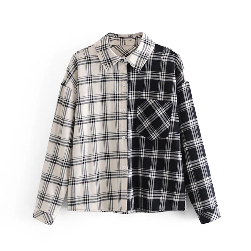 

Baldauren Women 2021 Fashion Black And White Plaid Stitching Blouse Retro Long-Sleeved Button Blouse Blusas Streetwear