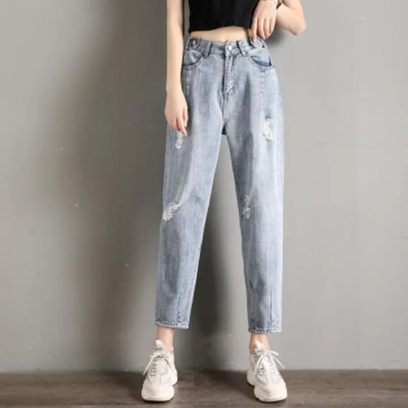 

Woman Jeans High Waist Ripped Jeans 2021 Spring Summer For Clothes Wide Leg Denim Clothing Blue Streetwear Fashion Vintage Pants